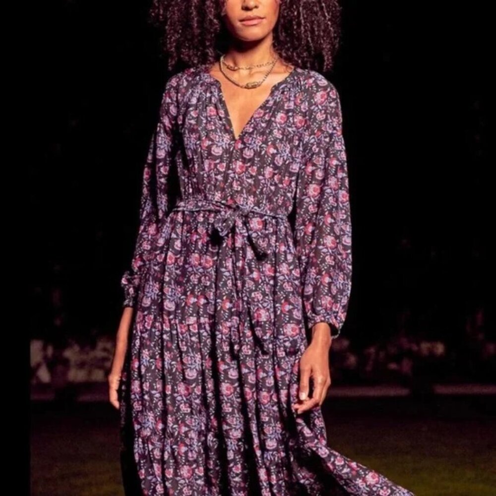 NWOT Xirena Annieka Midi Dress Black Multi Floral Silk Blend Long Sleeve Sz Sm